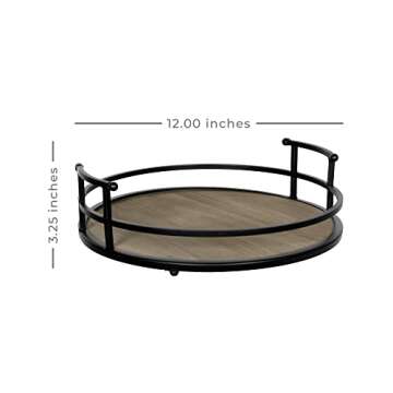 Stratton Home Decor Metal and Wood Round Tray | Wooden Coffee Table Tray Decor for Empty Table Surfaces | Decorative Round Serving Tray with Handles