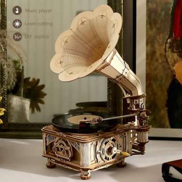 ROKR 3D Wooden Puzzles Gramophone for Adults - DIY Mechanical Model Kit 1:1 Replica Record Player Support 7"/10" Vinyl Building Gift Hobbies for Adults Home Decor