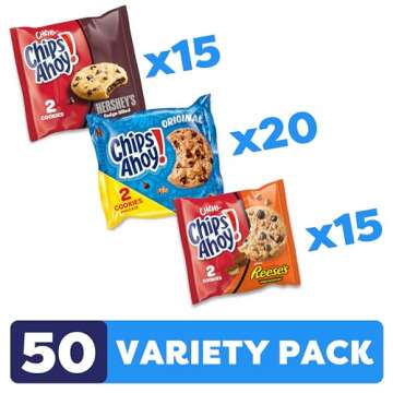 CHIPS AHOY! Cookie Variety Pack, Original Chocolate Chip, Chewy Chocolate Chip with Reese's Peanut Butter Cups & Chewy Hershey's Fudge Filled Soft Cookies, 50 Snack Packs (2 Cookies Per Pack)