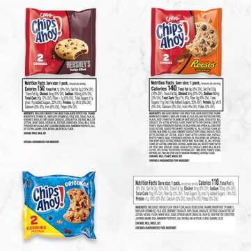 CHIPS AHOY! Cookie Variety Pack, Original Chocolate Chip, Chewy Chocolate Chip with Reese's Peanut Butter Cups & Chewy Hershey's Fudge Filled Soft Cookies, 50 Snack Packs (2 Cookies Per Pack)