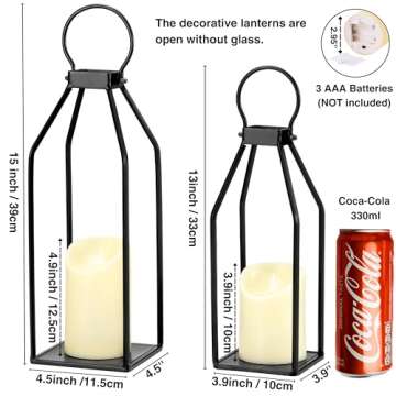 Perfnique Modern Farmhouse Christmas Lantern Decor, 15'' 13'' Set of 2 Black Metal Lanterns, 2 LED 6hr Timer Flickering Flameless Candles, Lanterns Decorative for Outdoor Decor, Home, Indoor, Patio