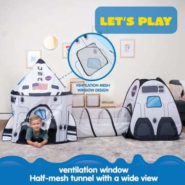 White Rocket Ship Play Tent with Tunnel for Kids