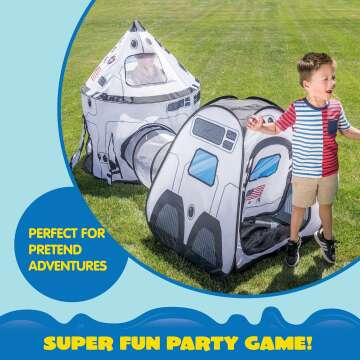 White Rocket Ship Play Tent with Tunnel for Kids