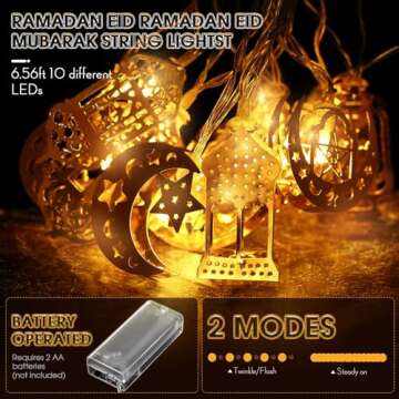 Eid Al Adha Decorations String Lights, Eid Moon Star Kerosene Lantern Lamp, Battery Operated for Ramadan Outdoor Home Decoration Party Supplies (1 Pack,6.56 Feet 10 LEDs)