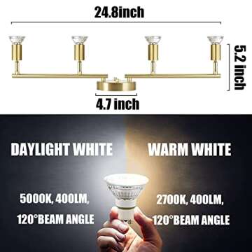 JQiRe LED 4 Light Track Lighting Kit,Golden 4 Way Ceiling Spot Lights,Flexibly Rotatable Light Head,Foldable Track Light Fixtures,Included 4 LED GU10 Bulb (4W 400LM Daylight White 5000K)