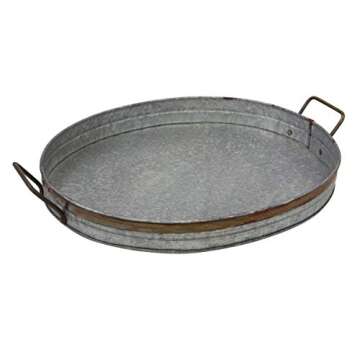 Stonebriar 19.5" Decorative Oval Galvanized Tray with Rust Trim and Metal Handles, Large, Gray