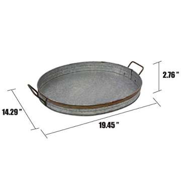 Stonebriar 19.5" Decorative Oval Galvanized Tray with Rust Trim and Metal Handles, Large, Gray