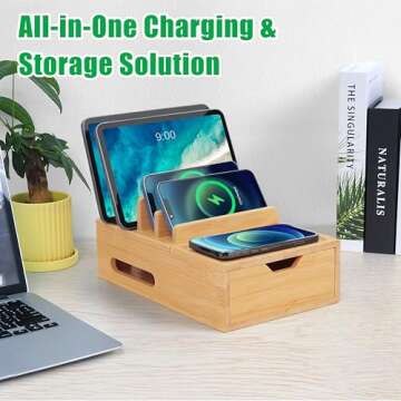 Bamboo Charging Station for Multiple Devices, Desk Charging Organizer with Drawer & Tray, Wood Docking Station Included 6 Cables, Compatible with Apple Devices, Cell Phone, Tablet (No USB Charger)