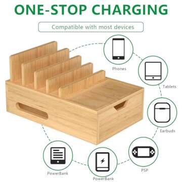 Bamboo Charging Station for Multiple Devices, Desk Charging Organizer with Drawer & Tray, Wood Docking Station Included 6 Cables, Compatible with Apple Devices, Cell Phone, Tablet (No USB Charger)