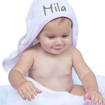 My Personal Memories Personalized Baby Hooded Bath Towel - Monogrammed for Girl and Boy - Embroidered (White with Pink)