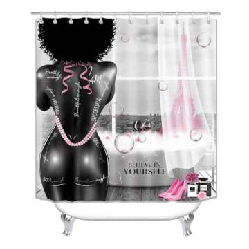 4PCS African American Black Girl Shower Curtain Set, Pink Eiffel Tower Sexy Black Woman Afro Girl Black and White Fashion Glam Modern Bathroom Decor, Non-Slip Bath Mat, Inspirational Gifts for Women