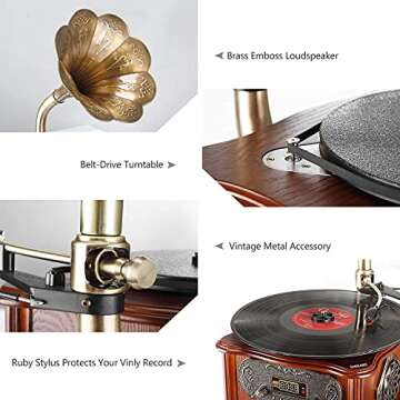 LuguLake Retro Turntable with Copper Horn & Speaker