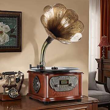 LuguLake Retro Turntable with Copper Horn & Speaker