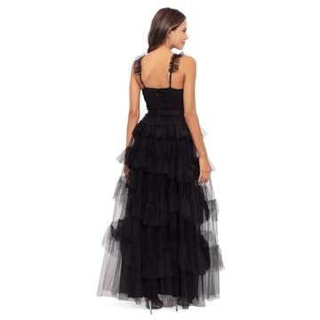 Betsy & Adam Long Ruffle Tier Mesh Dress Black 2