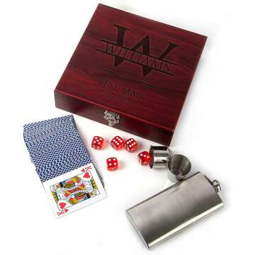 Premium Groomsmen Gifts for Wedding, Personalized Flask Set + Playing Card, Dice | Rosewood Finish Flask Gift Set - Groomsman Gift, Customized Groomsman Flasks,Wedding Favors