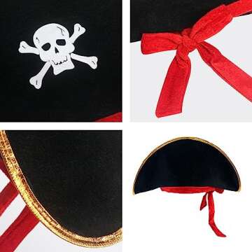 D-Fokes 2 Pieces Pirate Hat Skull Print Pirate Captain Costume Cap - Pirate Accessories Funny Party Hat for Caribbean Fancy Dress with Eye Patch