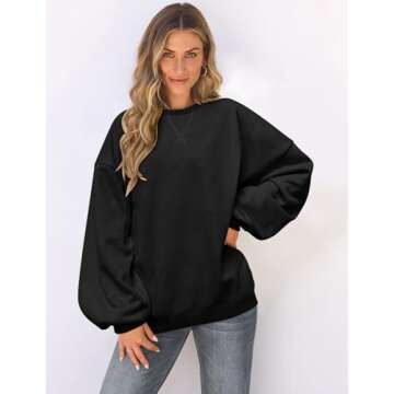 Stylish UEU Women's Oversized Sweatshirt in Black - Casual Crewneck Pullover