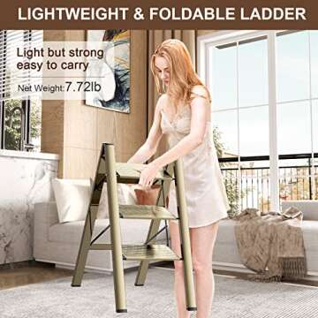 3 Step Ladder Aluminum Lightweight Folding Step Stool Wide Anti-Slip Pedal 330 Lbs Capacity Household Office Portable Stepladder, Champagne Gold