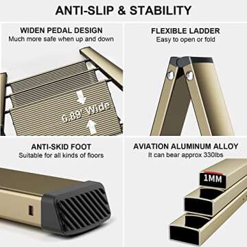 3 Step Ladder Aluminum Lightweight Folding Step Stool Wide Anti-Slip Pedal 330 Lbs Capacity Household Office Portable Stepladder, Champagne Gold