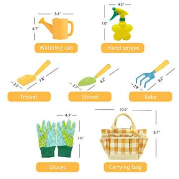 Malifea Kids Gardening Tool Set Colorful Children Garden Tools Beach Toys Fun Toys with Watering Can Gardening Gloves Shovel Rake Trowel Real Water Sprayer Garden Tote Bag - Gifts for Boys and Girls