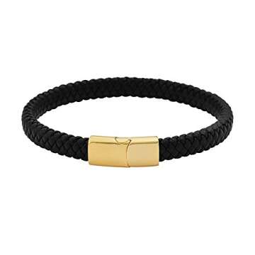 Geoffrey Beene Men's Braided Genuine Leather Bracelet with Stainless Steel Closure (Gold)