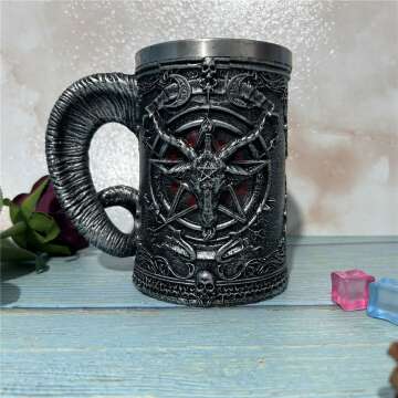 Pankero4y Medieval Mug, Baphomet Beer Wine Mug Cups, Satanism Occult Sabbatic Goat Pentagram Beer Tankard, Realistic Pentagram Cup Mug for Beer Wine Coffee Juice Drinking Home Decor