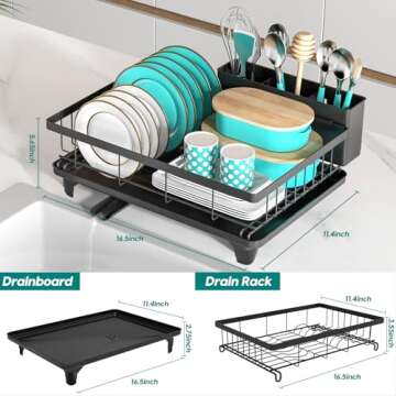 MERRYBOX Dish Drying Rack Space-Saving Dish Racks for Kitchen Counter with Drainboard, Rustproof Drying Rack Kitchen with Large Utensil Holder and Increased Feet, 16.5" D x 11.4" W x 5.65" H, Black