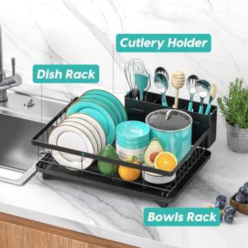 MERRYBOX Dish Drying Rack Space-Saving Dish Racks for Kitchen Counter with Drainboard, Rustproof Drying Rack Kitchen with Large Utensil Holder and Increased Feet, 16.5" D x 11.4" W x 5.65" H, Black