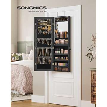 SONGMICS Jewelry Cabinet Armoire Organizer with LED Lights, Wall-Mounted Storage Cabinet with Full-Length Frameless Mirror, Built-in Makeup Mirror, 2 Drawers, Chirstmas Gifts, Black UJJC013B01