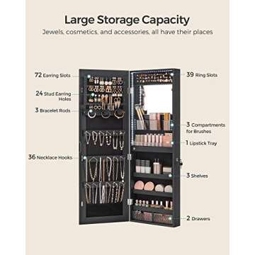 SONGMICS Jewelry Cabinet Armoire Organizer with LED Lights, Wall-Mounted Storage Cabinet with Full-Length Frameless Mirror, Built-in Makeup Mirror, 2 Drawers, Chirstmas Gifts, Black UJJC013B01