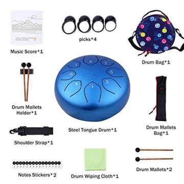 Steel Tongue Drum Kids Instrument: Musical Metal Tank Drums Set 6 Inch 8 Notes C-Key for Meditation Yoga Education Percussion with Bag, Music Book, Mallets, Finger Picks(Blue)