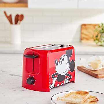 Disney Mickey Mouse 2-Slice Toaster by Select Brands - Mickey Mouse Toaster for Disney Kitchen Accessories - Features Crumb Tray & High Rise Toast Lift - Gift for Disney Lovers - Red