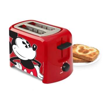 Disney Mickey Mouse 2-Slice Toaster by Select Brands - Mickey Mouse Toaster for Disney Kitchen Accessories - Features Crumb Tray & High Rise Toast Lift - Gift for Disney Lovers - Red