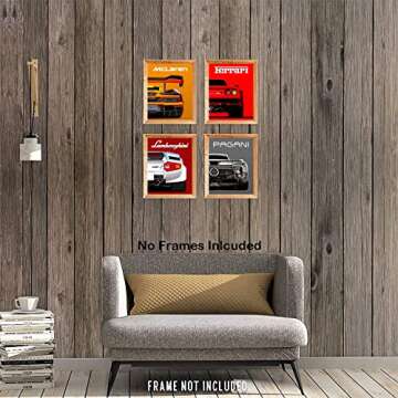 Modern Car Posters Classic Supercar Wall Art Prints, Cool Racing Ferrari Lamborghini McLaren Pagani Canvas Posters for Man Cave Boys Room Wall Decor, Sports Car Art Prints, Set of 4 (8"x10" Unframed)