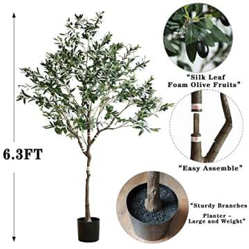 Rosscer Artificial Olive Trees, 6.3ft Tall Faux Potted Olive Silk Tree with Planter, Large Fake Olive Branch Green Leaf, Modern House Plants for Living Room Floor Office Decor Indoor (6.3ft)