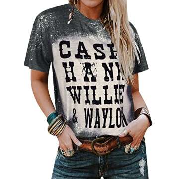 LUKYCILD Cash Hank Willie and Waylon Letter Print Top Women Country Music Shirt Tee (Grey White, Large)