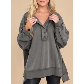 AlvaQ Oversized Sweatshirts Hoodies for Women Fall Button V Neck Pullover Sweatshirt Loose Casual Comfy Fall Fashion Outfits Clothes 2024 Medium Grey Large