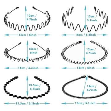 Nomakk 6 Pieces Metal Headbands Wavy Hairband Spring Hair Hoop Sports Fashion Hair Bands Unisex Black Elastic Non Slip Simple Headwear Accessories