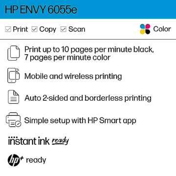 HP ENVY 6055e Wireless Color Inkjet Printer, Print, scan, copy, Easy setup, Mobile printing, Best-for-home, 3 months of Instant Ink included,white