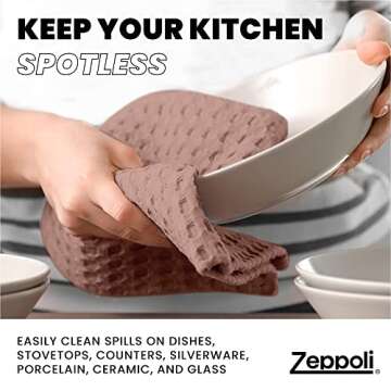 Zeppoli Classic Kitchen Towels - 12 Pack 100% Natural Cotton Kitchen Towel Set, Reusable Wash Cloths, Absorbent Dish Towels, Machine Washable Hand Towels, Kitchen Essentials, 15” x 25” - Tan Dobby