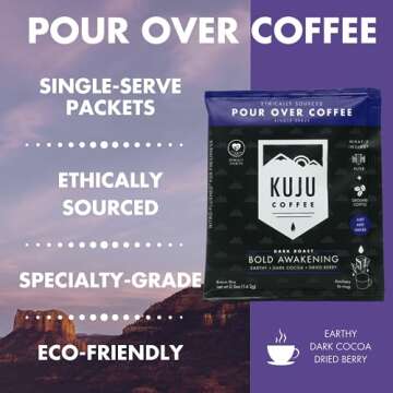 Kuju Coffee Premium Pour Over Camping Coffee Singles - 6 Pack Bold Awakening, Dark Roast - Superior Instant Coffee Packets for Backpacking, Travel, and Camp