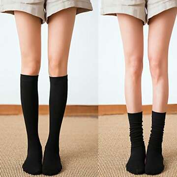 Knee High Cotton Socks for Women - 4 Pairs, Black