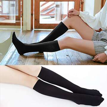 Knee High Cotton Socks for Women - 4 Pairs, Black