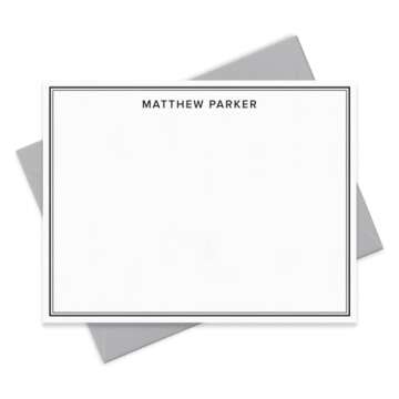 Personalized Note Cards Stationery for Men with Name and Border - Custom Stationary Set with Envelopes - Flat A2 Custom Notecards, Choose your Colors and Set Size (Double Border)