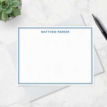 Personalized Note Cards Stationery for Men with Name and Border - Custom Stationary Set with Envelopes - Flat A2 Custom Notecards, Choose your Colors and Set Size (Double Border)