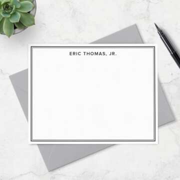 Personalized Note Cards Stationery for Men with Name and Border - Custom Stationary Set with Envelopes - Flat A2 Custom Notecards, Choose your Colors and Set Size (Double Border)