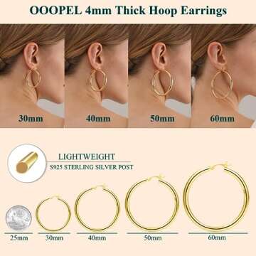 4mm Thick Gold Chunky Earrings Steling Silver Post Hoops Earrings For Women Hollow Tube Hoops Earrings Thick Gold Hoop Earrings Hypoallergenic Lightweight Gold Hoop Large Earrings 20/30/40/50/60MM