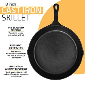 Utopia Kitchen Saute Fry Pan - Chefs Pan, Pre-Seasoned Cast Iron Skillet - Frying Pan 8 Inch - Safe Grill Cookware for Indoor & Outdoor Use - Cast Iron Pan - Cooking Gift for Men & Women (Black)