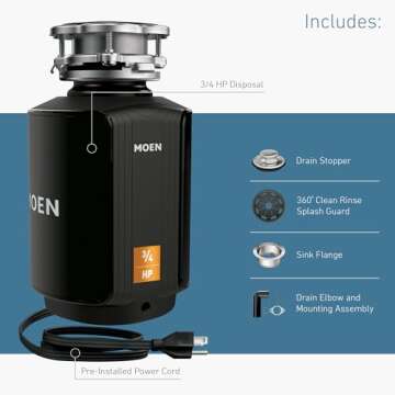 Moen Host Series 3/4 HP Continuous Feed Garbage Disposal with Sound Reduction for Kitchen Sink, Power Cord Included, GXS75C