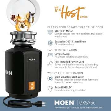 Moen Host Series 3/4 HP Continuous Feed Garbage Disposal with Sound Reduction for Kitchen Sink, Power Cord Included, GXS75C